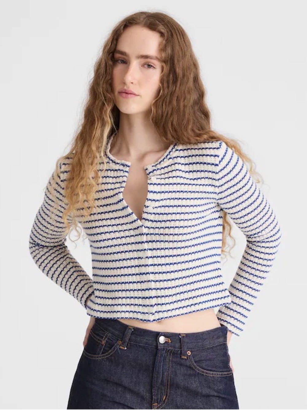 Textured-Knit Button-Front Cardigan Cream & Blue Tuck Stitch Stripe